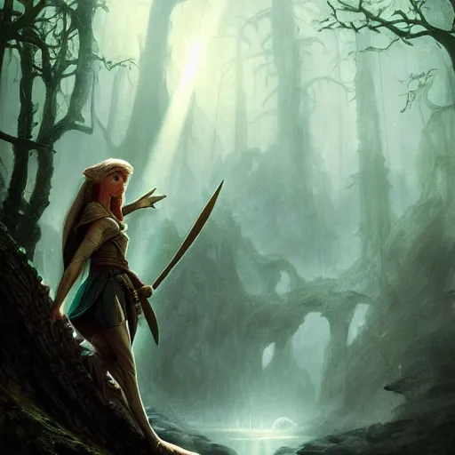 Prompt: a female elf from lord of the rings rests on a log, detailed matte fantasy painting, cinematic lighting, deviantart artstation, by greg rutkowski, by peter mohrbacher