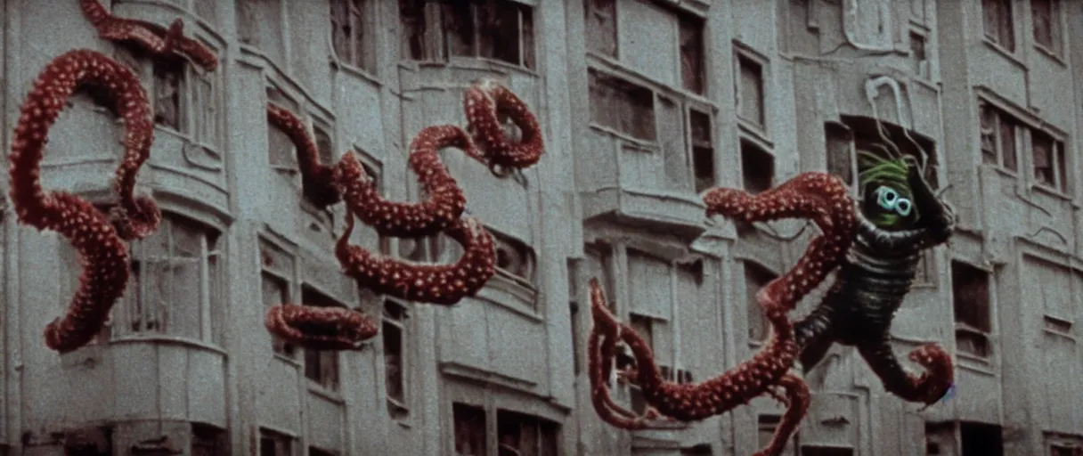 Prompt: filmic extreme close up exterior shot movie still 4 k uhd 3 5 mm film color photograph of a family jumping off a building laughing with tentacle arms happy, only color results, in the style of the horror film the thing 1 9 8 2