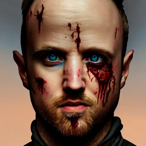 Image similar to Jesse Pinkman, zombie killer, portrait, fantasy, beautiful face, medieval, vivid colors, elegant, concept art, sharp focus, digital art, Hyper-realistic, 4K, Unreal Engine, Highly Detailed, HD, Dramatic Lighting by Brom, trending on Artstation