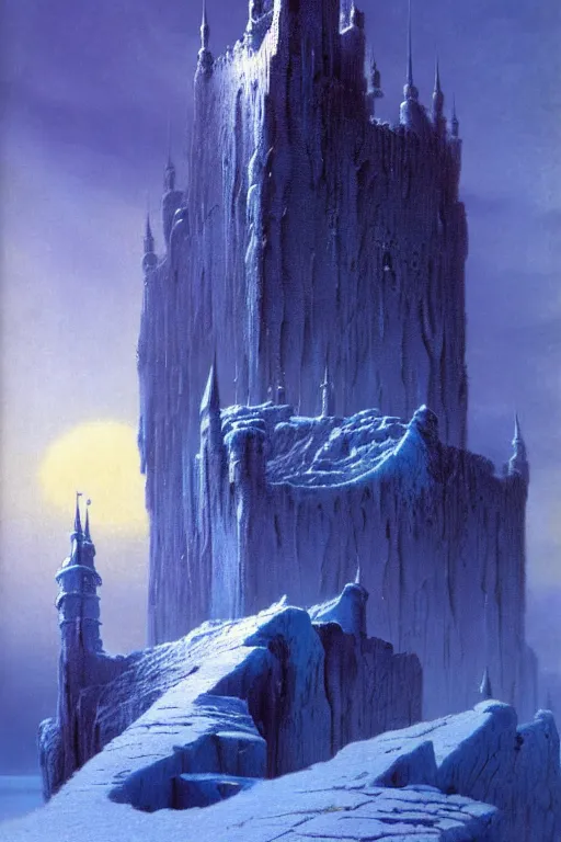 Image similar to castle of ice by bruce pennington and gustave courbet, 4 k, hd, amazing details, sharp focus, post - processing, smooth