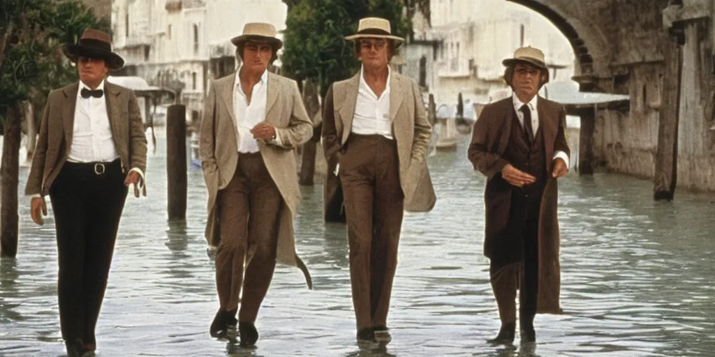 Prompt: a scene from a death in venice ( 1 9 7 1 ) of luchino visconti with burt lancaster walking. technicolor, cinematic, 5 0 mm, highly detailed, highly intricate, extremely realistic faces. technicolor!!!!, vivid colors, colorful, cinematic, highly detailed