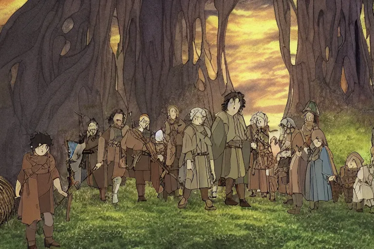 Prompt: tonemapped the fellowship of the ring by studio ghibli,