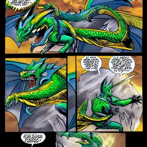 Image similar to comic book dragon fight vs knight in green car with blue armor and a gold sword