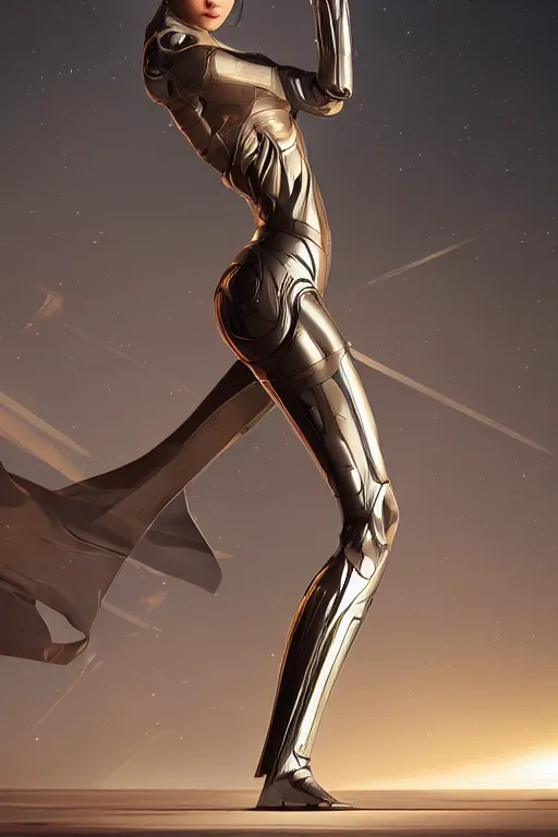 Image similar to full figure portrait, dynamic pose, of a thin elongated female android made of chrome and woodgrain, lean sleek styling, feminine curves, reflective, inscribed etched with gnostic runes, by jessica rossier