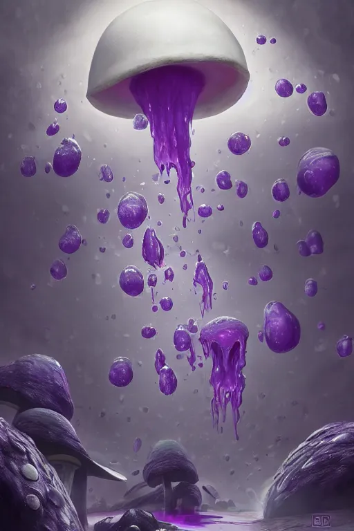 Image similar to Giant Mushroom Dripping Viscous Blobs of Purple Liquid from its Cap, fantasy, digital illustration, realistic, trending on artstation, volumetric lighting, ultra detailed