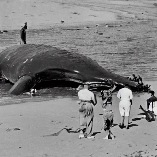 Prompt: 1940s photo, long shot, soldiers examine a huge creature washed up on a beach.