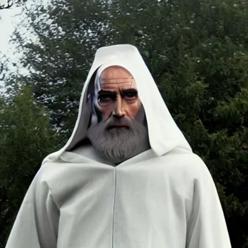 Image similar to Saruman wearing 3M Full Facepiece Respirator on top of his head like Walter White