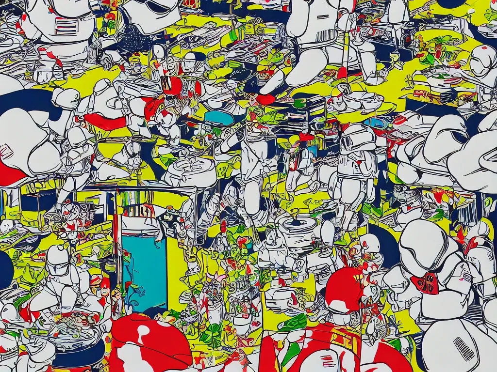 Image similar to detailed close - up image of the japanese home with a garden, stormtroopers in hot springs, pop - art style, jacky tsai style, andy warhol style, roy lichtenstein style, rich palette, acrylic on canvas