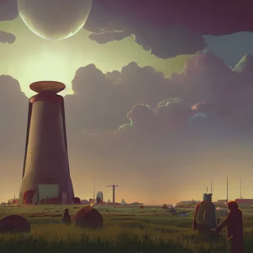 Image similar to An atompunk buildings with the sun shining through the clouds in utopia by Simon Stålenhag and Greg Rutkowski,In style of Grant Wood.hyper detailed,8K Resolution,unreal engine 5,Ray Tracing,highly realistic.trending on Artstation