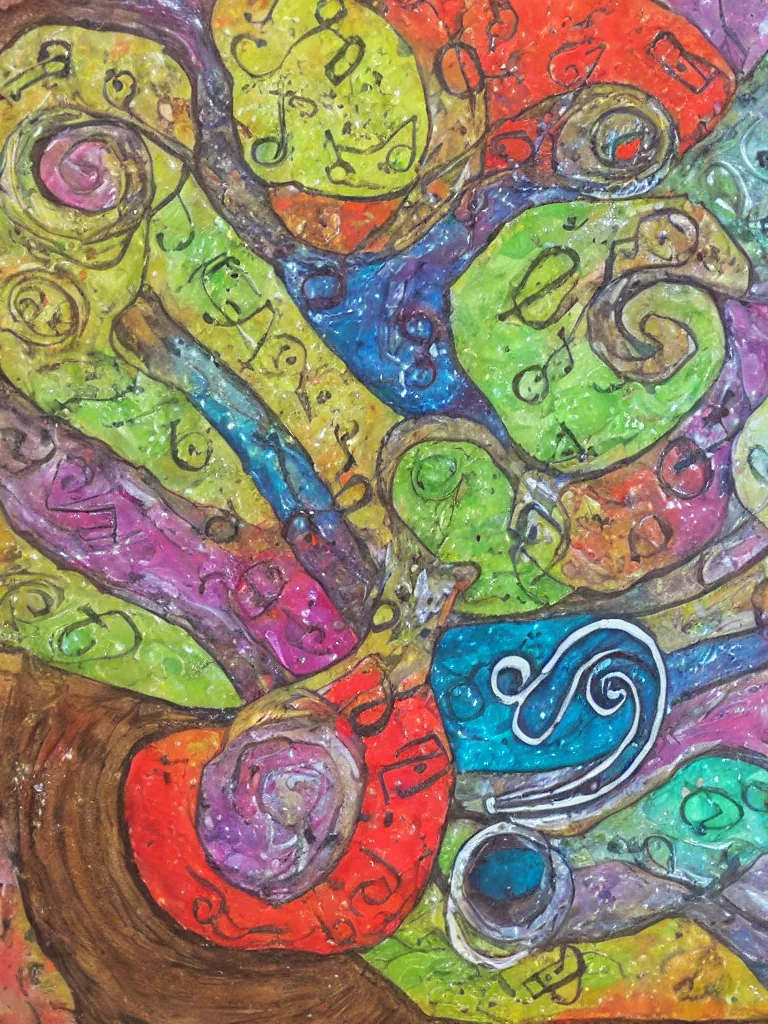 Prompt: a mixed media painting of an acorn that turns into a tree in the shape of a treble clef with a bunch of different colors, loud and exciting