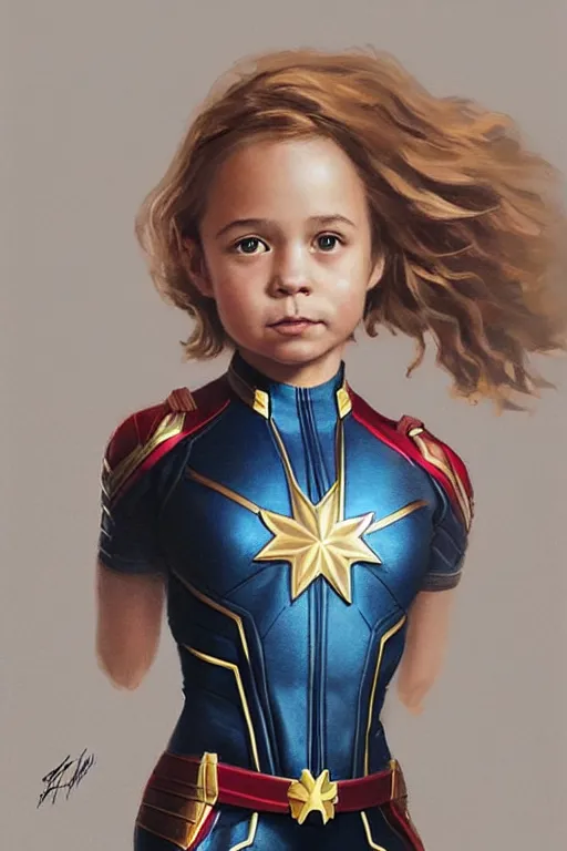 Image similar to a little girl with a michievous face and wavy curly light brown hair. she is dressed as captain marvel, a superhero. clean elegant painting, beautiful detailed face. by artgerm and greg rutkowski