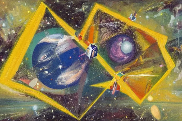 Prompt: painting of a tesseract floating in space by graham sutherland