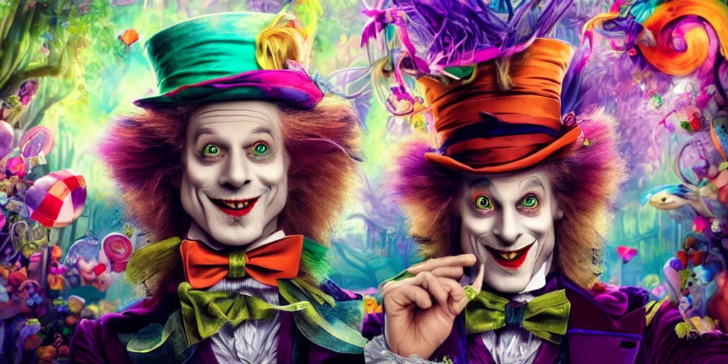 Prompt: The Mad Hatter, Alice in wonderland, colorful, wide angle, super highly detailed, professional digital painting, artstation, concept art, smooth, sharp focus, no blur, no dof, extreme illustration, Unreal Engine 5, Photorealism, HD quality, 8k resolution, cinema 4d, 3D, beautiful, cinematic, art by artgerm and greg rutkowski and alphonse mucha and loish and WLOP