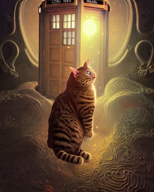 Prompt: anthropomorphic art of a timelord cat inside tardis, victorian inspired clothing by artgerm, victo ngai, ryohei hase, artstation. fractal papersand books. highly detailed digital painting, smooth, global illumination, fantasy art by greg rutkowsky, karl spitzweg, doctor who