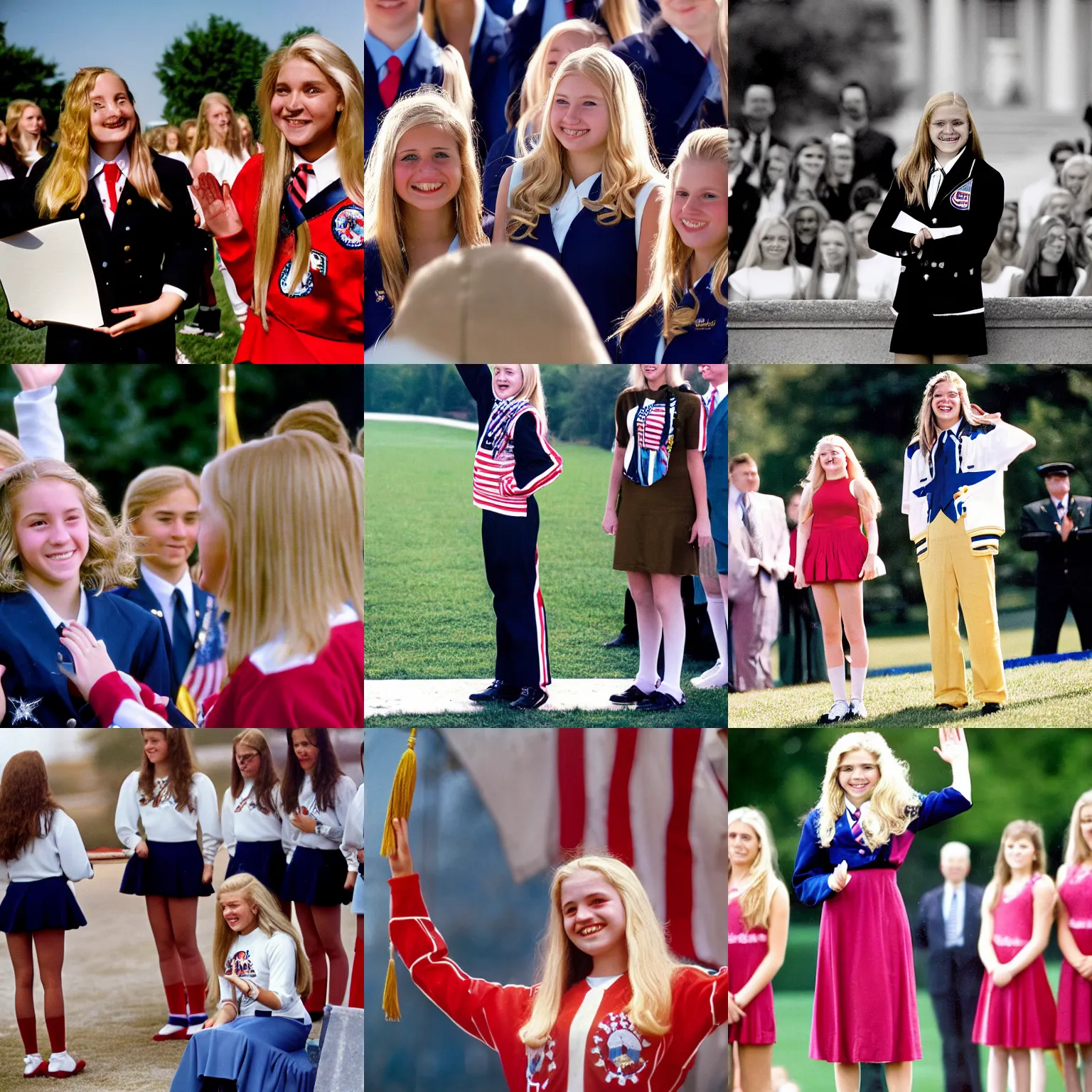 Prompt: A teenage girl cheerleader, long blond hair, grinning, getting sworn in as President of the United States, at an outdoor ceremony on capital hill, official photo portrait by Steve McCurry