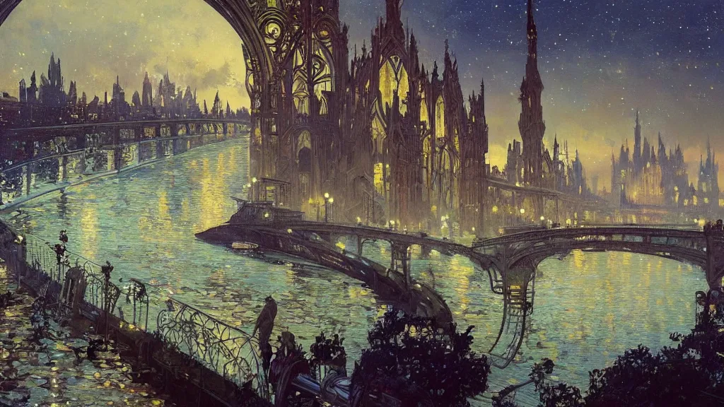 Image similar to a beautiful painting of the view from the river of a city of bridges and arches, with art nouveau architecture, at night with a sky full of stars, intricate, elegant, highly detailed, digital painting, artstation, concept art, by krenz cushart and artem demura and alphonse mucha