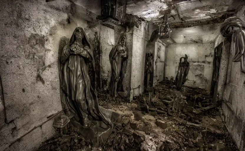 Prompt: several decrepit creepy statues of the archangel gabriel strewn about in a dark claustrophobic old sewer, realistic, underexposed shot, security camera footage, wide shot, sinister, foreboding, grainy photo