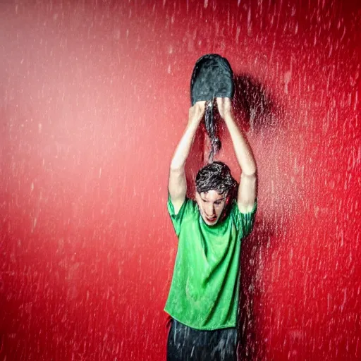 Prompt: A wet young man is standing on the floor on his head in the red room rain