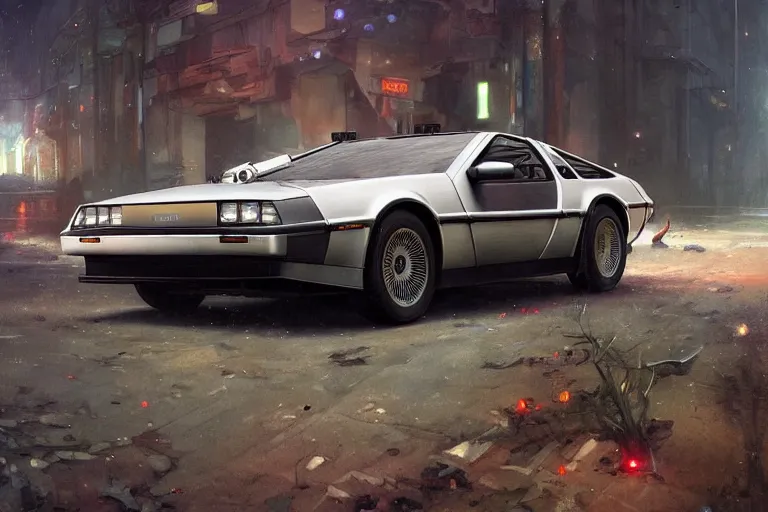 Image similar to photograph of the delorean, with a sleek spoiler, driving down the streets of a cyberpunk abandoned city, by greg rutkowski, by stanley artgerm, by alphonse mucha