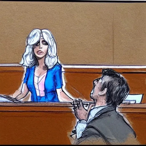 Prompt: courtroom sketch of lady gaga in the witness stand pointing at the hamburgler who is sitting at the defendant ’ s table