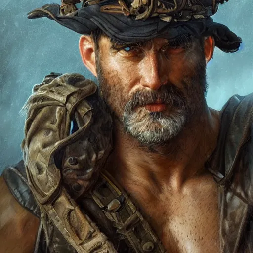 Image similar to portrait of a rugged ranger, 4 0 years old, muscular, upper body, hairy torso, d & d, fantasy, intricate, elegant, highly detailed, digital painting, artstation, concept art, smooth, sharp focus, illustration, art by artgerm and greg rutkowski and alphonse mucha