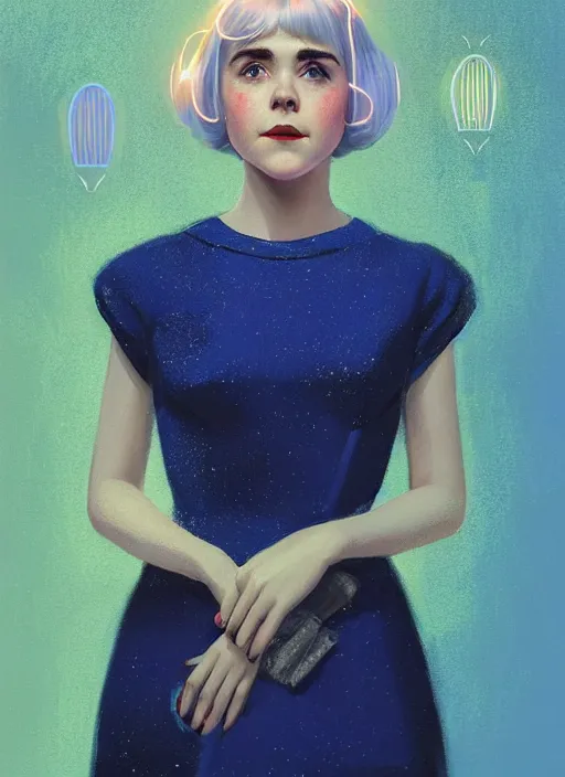 Image similar to portrait of kiernan shipka with freckles, white hair, big 1 9 6 0 s bob hairstyle with bangs and hairband, blue 1 9 6 0 s dress, intricate, elegant, glowing lights, highly detailed, digital painting, artstation, concept art, smooth, sharp focus, illustration, art by wlop, mars ravelo and greg rutkowski