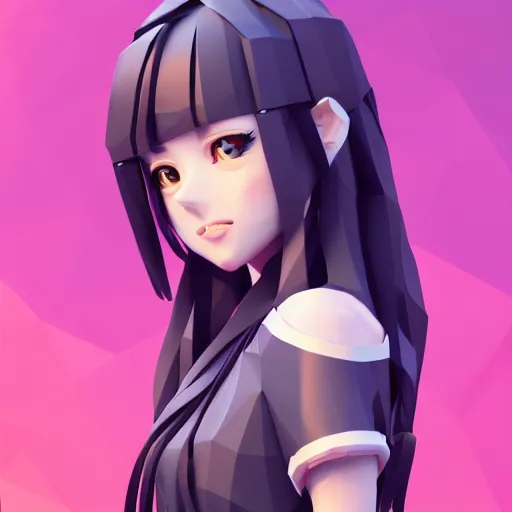 Prompt: lowpoly art as a very beautiful 3d anime girl, hot petite, long braided hair, hazel eyes, full round face, short smile, cinematic lightning, medium shot, mid-shot, highly detailed, trending on Artstation, Unreal Engine 4k, cinematic wallpaper