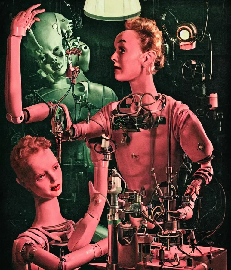 Prompt: a female mad scientist assembling a humanoid! robot man, in a darkly lit laboratory room, 1 9 5 0 s horror movie poster, norman rockwell painting, close - up shot, retro science fiction, vintage, saturated pink and green lighting, shadowy lighting, cohesive!!!