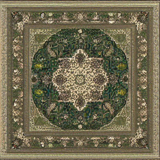 Prompt: 5 0 mm photorealistic octane render of green persian rug texture with huge kiwi fruits ornaments, ultra detailed, baroque, top view, symmetrical, beautiful, square, trending on artstation, unreal render, 4 k, light and shadows