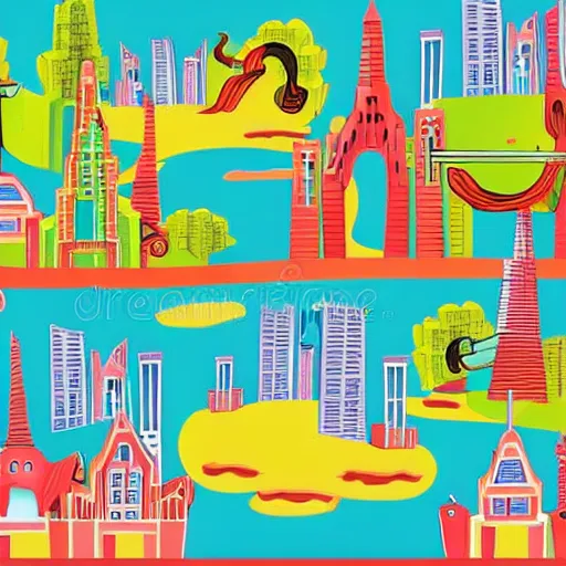 Image similar to city scape, colorful kids book illustration by dr seuss, with towers, bridges, stairs