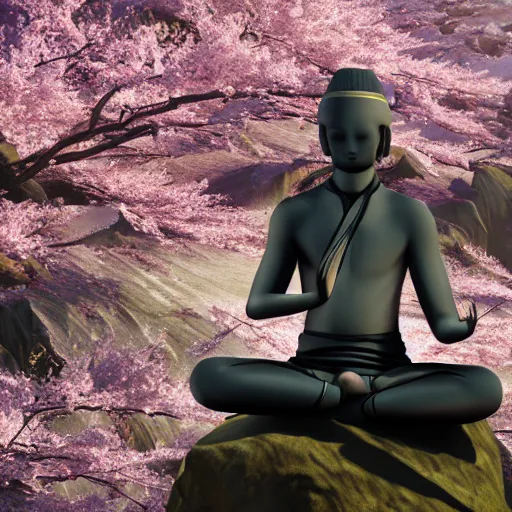 Prompt: a ninja meditating on top of a mountain filled with cherry blossoms, hyper realistic, 4 k, unreal engine 6 rendered,