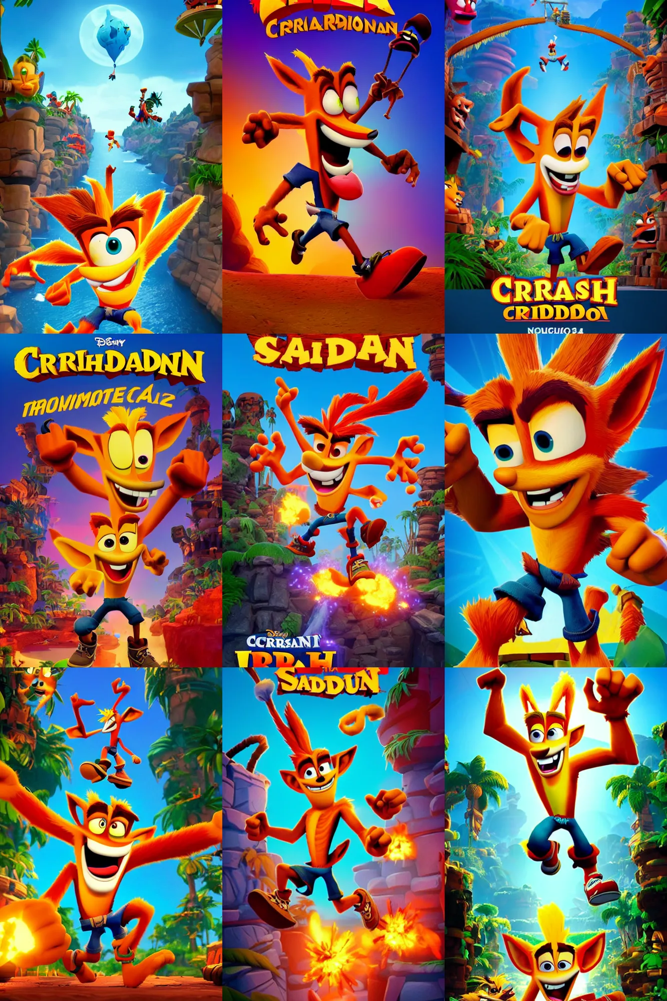 Prompt: crash bandicoot : the movie ( 2 0 2 4 ), sony pictures animation, cgi animated theatrical poster, cinematography by roger deakins, english text
