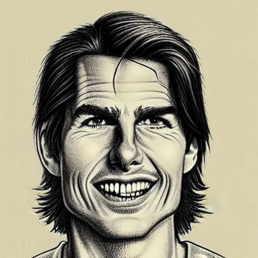 Image similar to a portrait drawing of Tom Cruise drawn by Robert Crumb