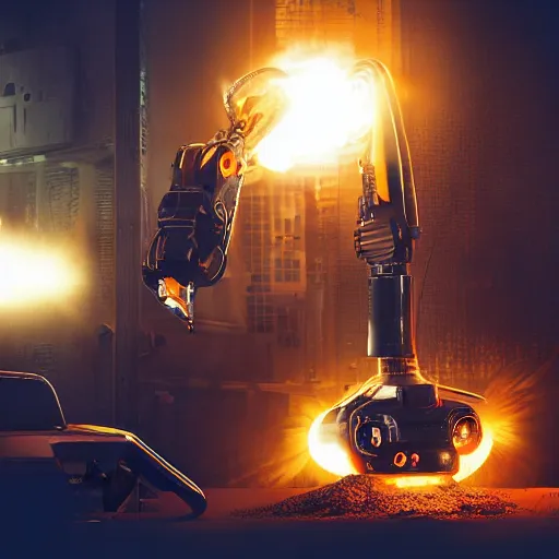 Image similar to toaster oven terminator robot, dark messy smoke - filled cluttered workshop, dark, dramatic lighting, orange tint, sparks, plasma charge, cinematic, highly detailed, sci - fi, futuristic, movie still