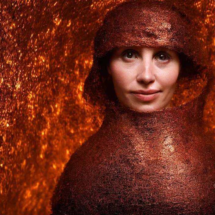 Prompt: closeup portrait of a woman wrapped in copper fiber, in waitomo caves new zealand, color photograph, by vincent desiderio, canon eos c 3 0 0, ƒ 1. 8, 3 5 mm, 8 k, medium - format print