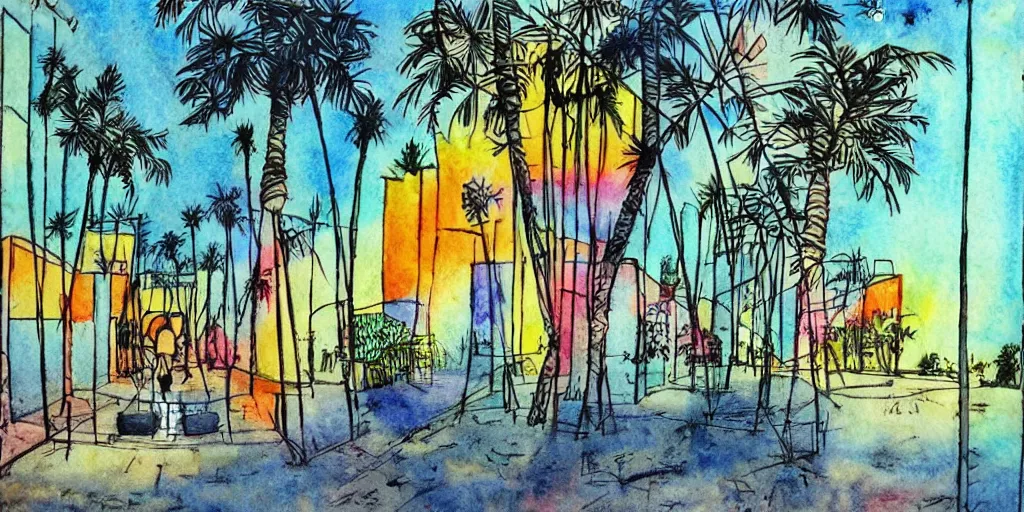 Image similar to pen drawing. watercolor. pixar, tel aviv street, bauhaus, palm trees, nostalgia for a fairytale, magic realism, flowerpunk, mysterious vivid colors by andy kehoe and amanda clarke