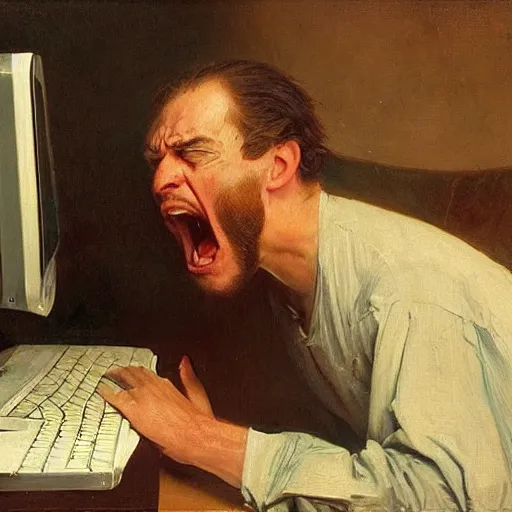 Image similar to an angry man yells at his computer monitor, oil on canvas, 1 8 8 3, highly detailed