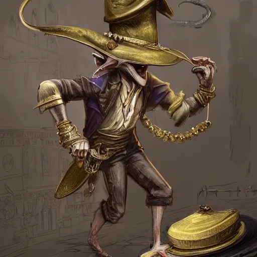 Image similar to anthropomorphized rat thief stealing gold coins from a shop, wearing fancy hat and clothes, concept art, insanely detailed and intricate, hypermaximalist, elegant, ornate, hyper realistic, super detailed, art deco, cinematic, trending on artstation, magic the gathering artwork