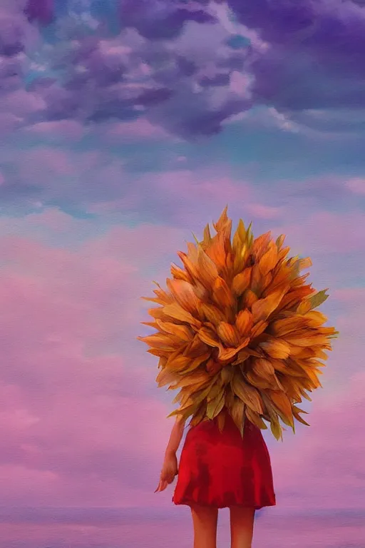 Prompt: closeup, giant flower as head, a girl on beach, surreal photography, wind and cold, dramatic sky, impressionist painting, digital painting, artstation, simon stalenhag