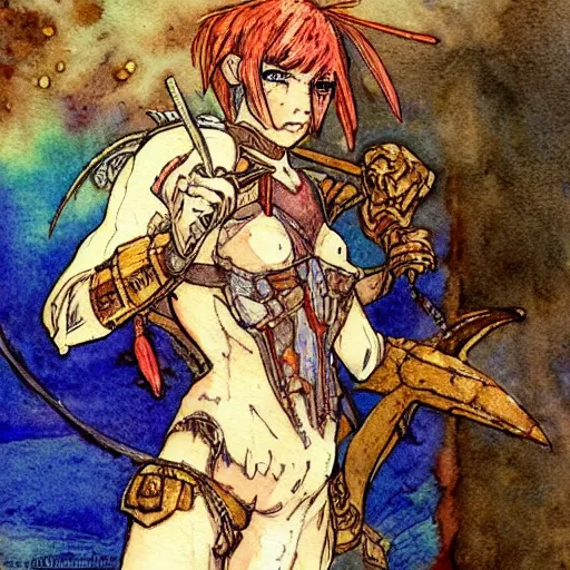 Prompt: watercolor, final fantasy tactics character, barbarian on mars, artwork by harry clarke