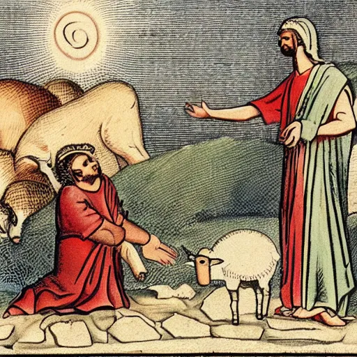 Prompt: A lamb being sacrified, biblical illustration