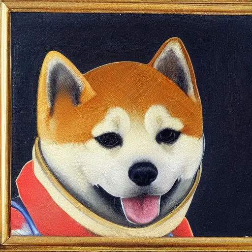 Prompt: Portrait of a shiba inu astronaut, oil painting, 16th century