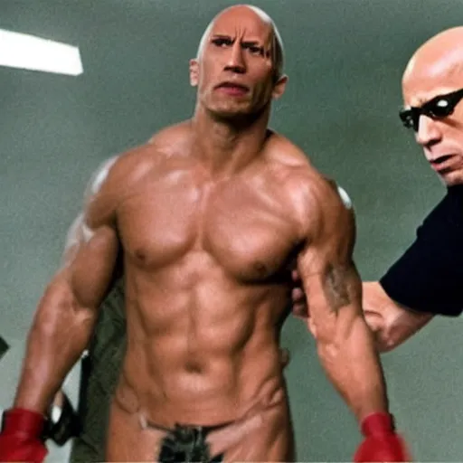 Image similar to Very intense fight sequence with Michel Foucault played by Dwayne Johnson fighting other philosophers in Foucault the biopic