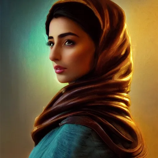 Image similar to Beautiful Arab Ameera Al taweel, blue eyes, leather, portrait, fantasy, medieval, oil colors, elegant, concept art, sharp focus, beautiful face, digital art, Hyper-realistic, 4K, Unreal Engine, Highly Detailed, HD, Dramatic Lighting by Brom, by beeple, studio ghibli, wallpaper, highly detailed, trending on artstation