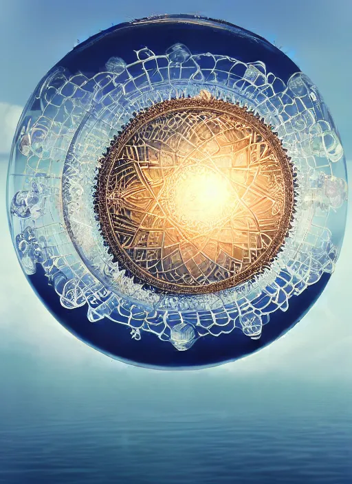 Prompt: transparent horizontally centered crystal sphere floating over a serene lake, tree of life inside the ball, intricate details, radiant light, reflections on the water, ripples, moody sky, hyperdetailed illustration by yuumei, by mark brooks, john harris, artstation, low global light, coherent composition