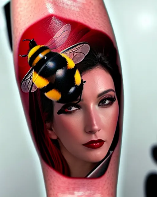 Prompt: a tattoo of bee movie on the face of a woman with crimson - black hair, cute crimson - black bee - themed outfit, cinematic lighting, beautiful composition