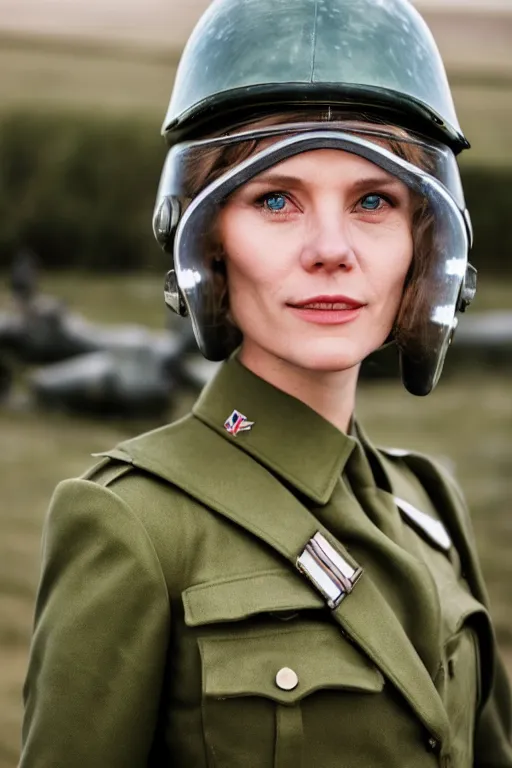 Image similar to 5 0 mm f 8 full body portrait photography of a retro future wwii airborne infantry soldier riding a futuristic motorcycle who's a mix of claire danes and liv ullmann with green eyes and very long striped hair, wearing an aaf wwii leather flying helmet and goggles, with green eyes, smirking, setting is wwii trenches, by jovana rikalo