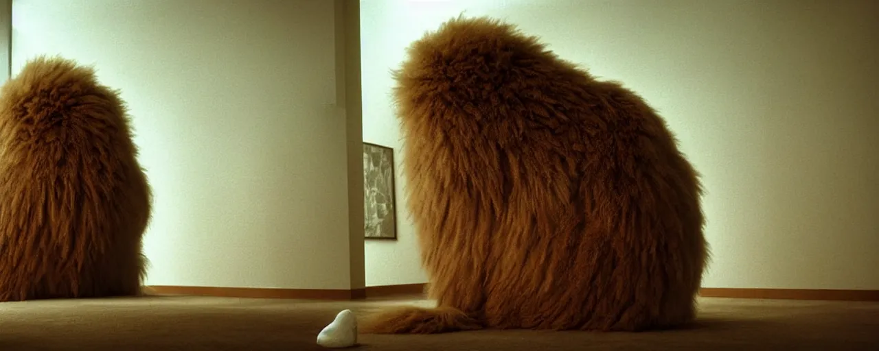 Image similar to a strange huge fluffy furry creature sits in the living room, film still from the movie directed by denis villeneuve with art direction by zdzisław beksinski, close up, telephoto lens, shallow depth of field