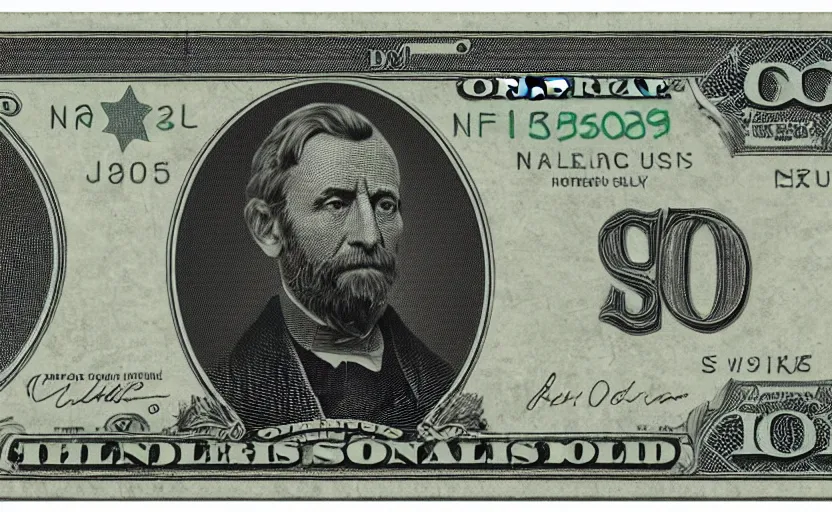 Prompt: rectangular photograph of fifty dollar u. s. currency note featuring president grant