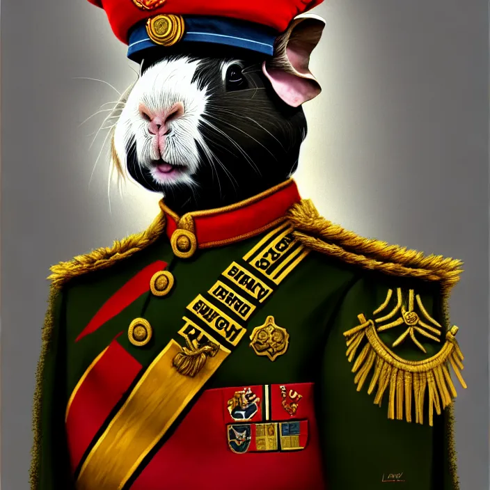 Image similar to guinea pig general wearing his uniform, looking proud as if he had won the battle. award winning, portrait bust, symmetry, faded colors, by larry elmore, masterpiece, trending on artstation, cinematic composition, beautiful lighting, hyper detailed!!!, 8 k, oil on canvas